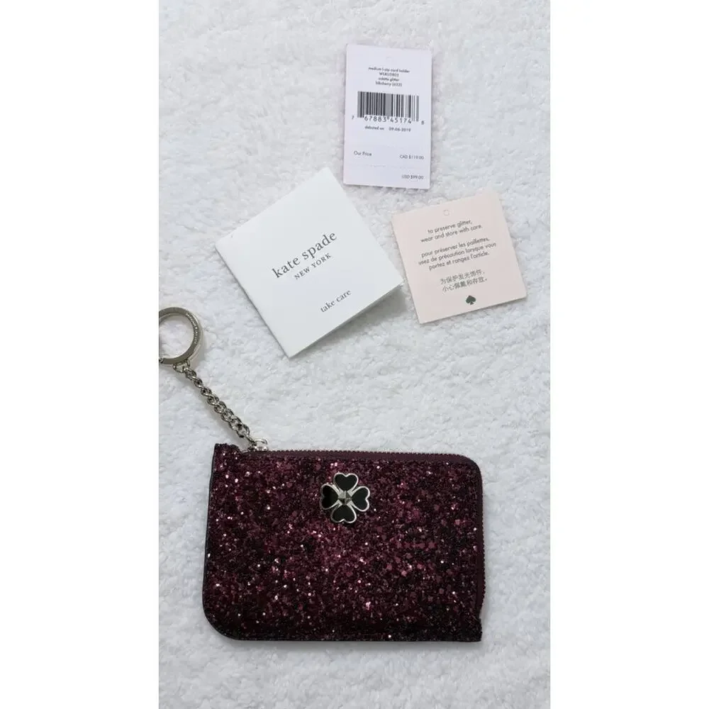Kate Spade Rock-Glitter Card Holder Key Chain L-Zip Wallet Burgundy Red Odette